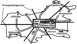 Karte mit Abbildung der Preisgrenzen des AnrufSammelTaxis