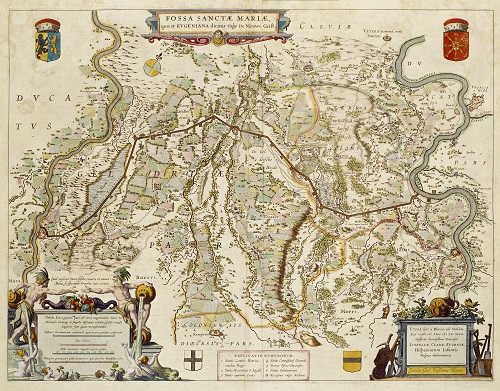 De bekende gekleurde kopergravure van de Fossa Eugeniana, na 1627 vervaardigd door de Amsterdamse uitgever Blaeu. / Der bekannte kolorierte Kupferstich der Fossa Eugeniana, nach 1627 hergestellt vom Amsterdamer Herausgeber Blaeu. (Sammlung Gemeentearchief Venlo).
