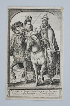 De plannen voor het gebouw werden bespoedigd door de gouverneur van de Spaanse Nederlanden, Isabella Clara Eugenia en haar echtgenoot aartshertog Albrecht./ Die Planungen zum Bau wurden von der Statthalterin der Spanischen Niederlande, Isabella Clara Eugenia und ihren Ehemann Erzherzog Albrecht vorangetrieben. (StA Geldern, Grafische Sammlung, Nr. 280).