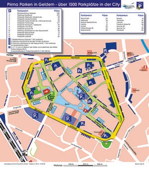 Übersichtsplan der Gelderner Innenstadt mit Kennzeichnung von Parkmöglichkeiten