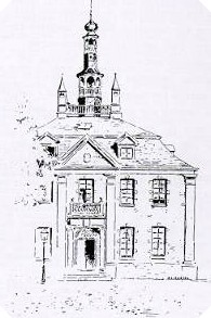 Zeichnung des alten Gelderner Rathauses, das auf dem Markt gestanden hat