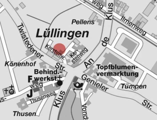 Karte mit Kennzeichnung des Baugebietes Kerstenweg innerhalb der Ortslage Lüllingen